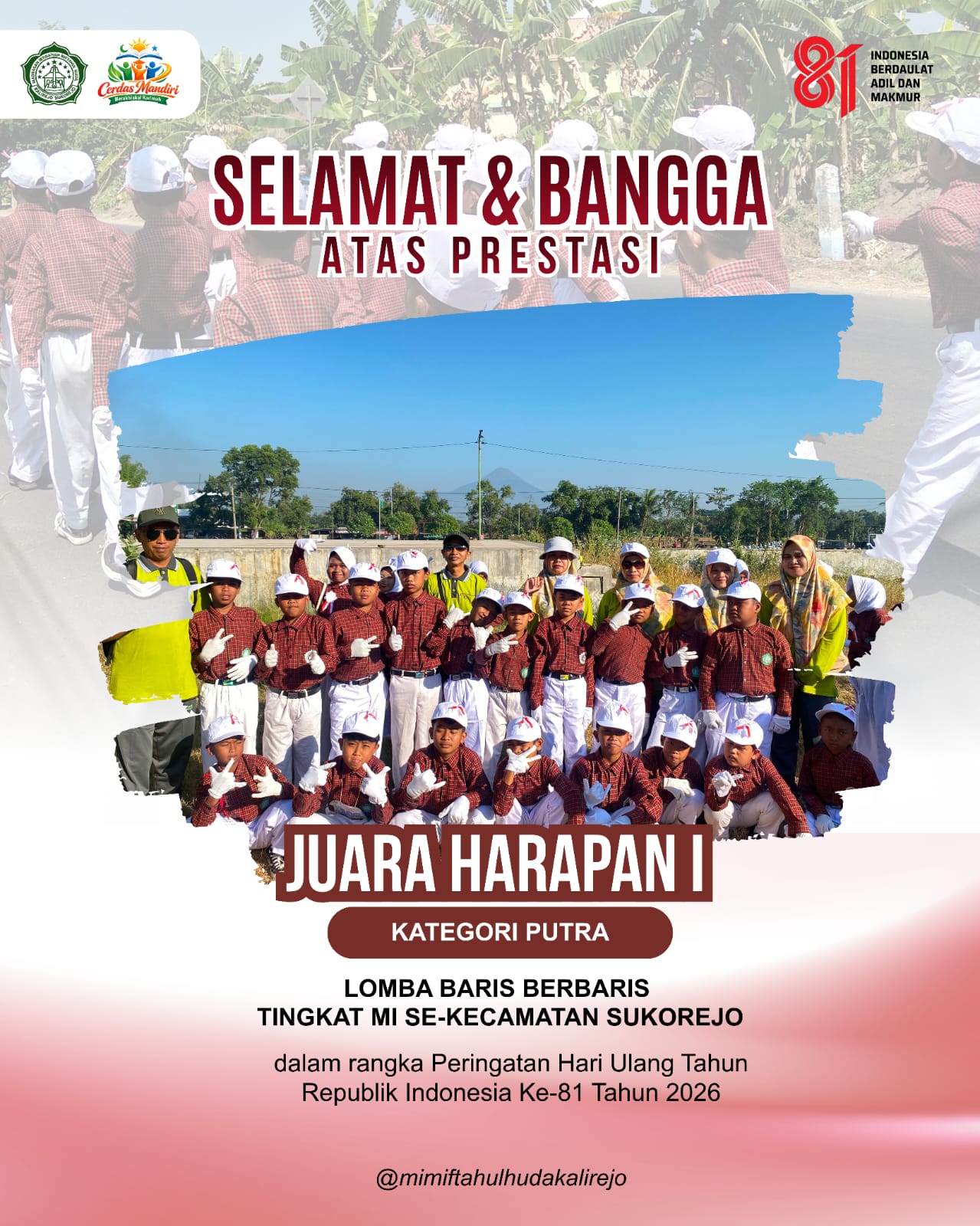 MI Miftahul Huda Kalirejo Raih Prestasi dalam Lomba Baris-Berbaris Tingkat Kecamatan Sukorejo