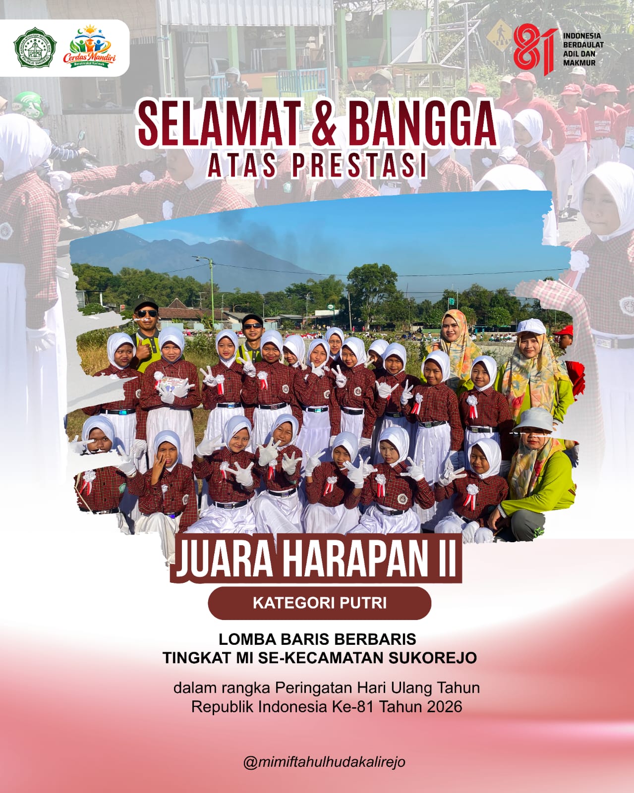 MI Miftahul Huda Kalirejo Raih Prestasi dalam Lomba Baris-Berbaris Tingkat Kecamatan Sukorejo
